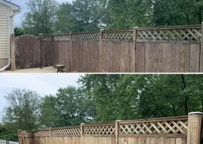 A tall wooden fence tilts in the first image, then stands straightened in the second, near trees and a house.