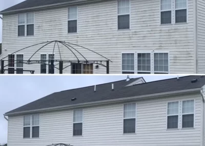 Top image shows a dirty house exterior; bottom image shows the same house clean and bright after washing.