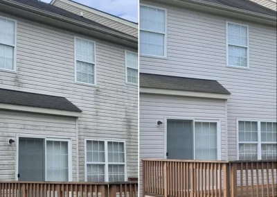 Side-by-side of a house before and after cleaning; left is dirty, right is clean with a tidy deck.