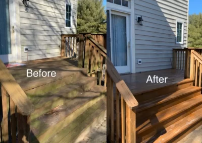 Side-by-side of a deck before cleaning (dirty, green stains) and after cleaning (clean, bright wood).