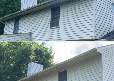 Top: Dirty house siding with stains. Bottom: Same siding, now clean and free of stains.