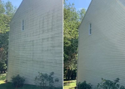 Side-by-side of a house before and after cleaning; left side dirty, right side clean under clear sky.