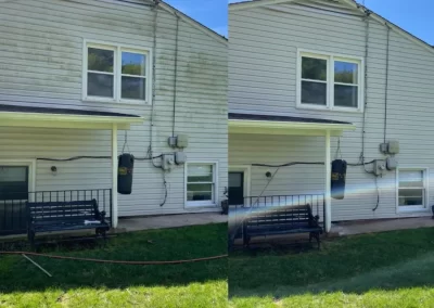 Side-by-side view of a house exterior before and after cleaning, with dirt removed from the siding.