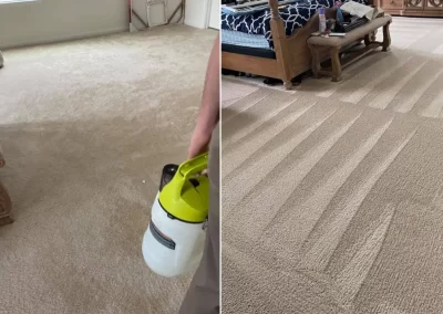 Side-by-side of carpet cleaning: left is pre-cleaning, right shows clean, striped vacuum lines in bedroom.
