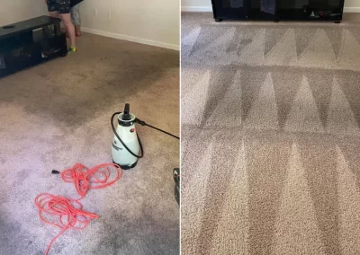 Side-by-side of dirty carpet before cleaning and clean carpet after with visible vacuum lines.