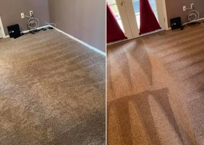 Side-by-side photos of a carpet before and after vacuuming, showing neat vacuum lines on the right.