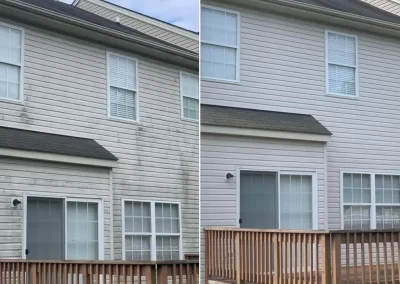 Side-by-side view of a house exterior before and after cleaning, showing dirty and clean siding.