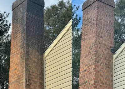 Side-by-side comparison of a chimney, before and after cleaning, showing dirty and clean bricks.