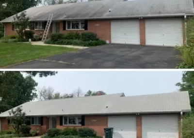 Two photos of a brick house; the top has a dirty roof, the bottom shows the roof clean and bright.