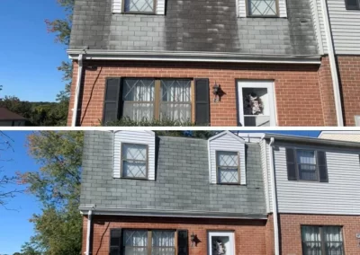 Side-by-side photos show a house roof before and after cleaning; the roof goes from dirty to clean.