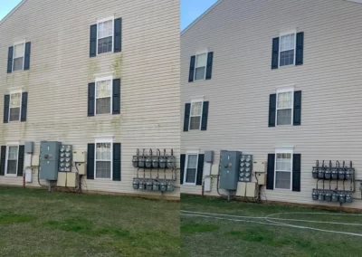 Side-by-side view of a building, left side dirty with stains, right side clean after washing.