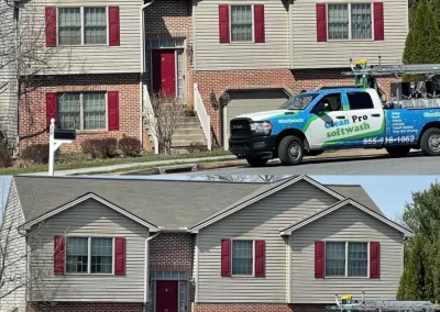 Two images show a house before and after exterior cleaning, with a Clean Pro Softwash truck parked outside.