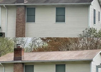 Side-by-side comparison of a house roof before and after cleaning, showing a dark roof and a cleaner, lighter roof.