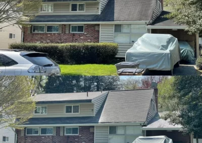 Two photos of a house, with the top image showing a silver car parked in the driveway, and the bottom without it.