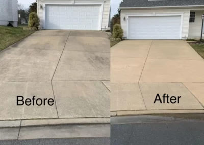 Side-by-side of a driveway before and after cleaning; left side dirty, right side clean and bright.