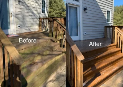 Side-by-side before and after of wooden porch steps; left is weathered, right is freshly cleaned and stained.