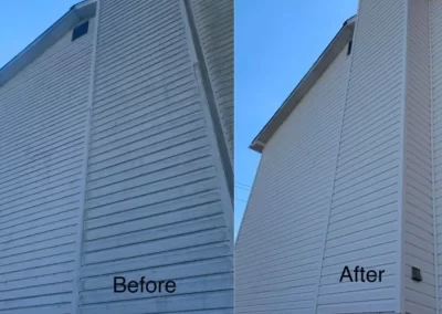 Side-by-side of a house's siding before (dirty) and after (clean), viewed from the ground looking up.
