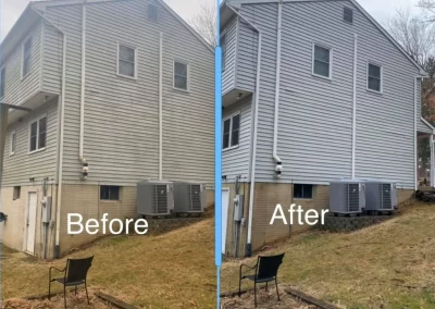 Side-by-side of a house’s exterior before and after cleaning; siding appears brighter in the "after" image.