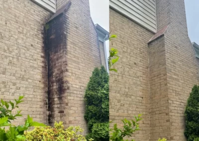 Side-by-side of a chimney: left shows heavy black stains, right shows the chimney clean and restored.