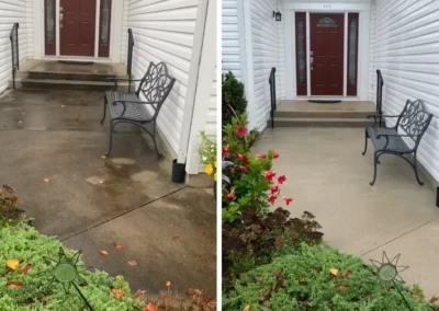 Before-and-after of a front porch showing newly cleaned concrete, with benches, plants, and a red door.