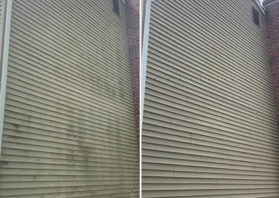 Side-by-side of a house wall before and after cleaning; left is dirty, right is clean beige siding.