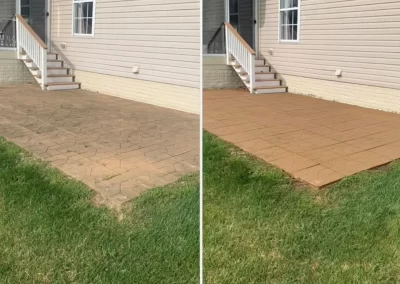 Side-by-side of a backyard patio before and after being cleaned, showing a dramatic difference in color.