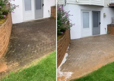 Side-by-side of patio before and after cleaning; left is dirty, right is clean with brighter bricks.