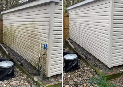 Side-by-side images show a dirty shed siding before cleaning and the same shed after being washed clean.