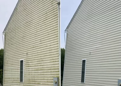 Side-by-side of a house's siding before and after cleaning; left is dirty, right is clean.