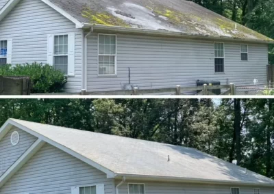 Before-and-after photos of a house roof, cleaned of moss and dirt, showing a dramatic improvement.
