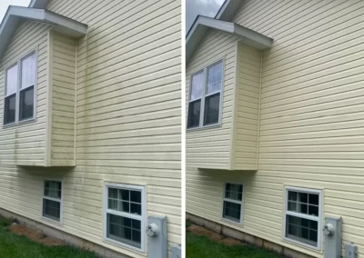 Side-by-side of a house: left shows dirty siding, right shows clean, yellow siding after washing.