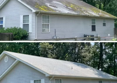 Top: House roof with moss and stains. Bottom: Same roof, cleaned and free of moss and stains.