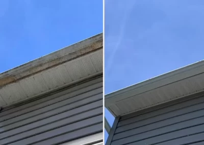 Side-by-side of house eaves: left is dirty and stained, right is clean and bright against blue sky.