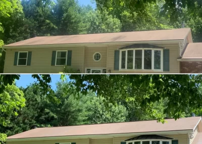 Two photos of a tan house with green shutters surrounded by trees, one above the other, taken in summer.