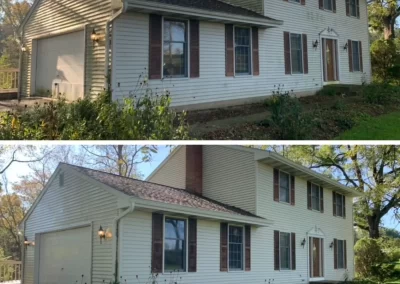 Two-story house before and after cleaning; upper photo shows dirty siding, lower shows clean exterior.