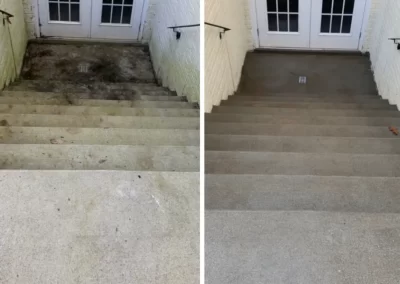 Before and after of concrete stairs being cleaned; left side dirty, right side spotless and bright.