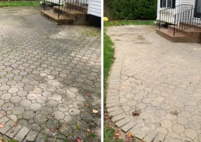 Side-by-side of patio before and after cleaning, showing dirt removal and restored stone color.
