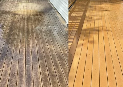 Side-by-side view of a deck before (left, dirty and weathered) and after (right, clean and restored).