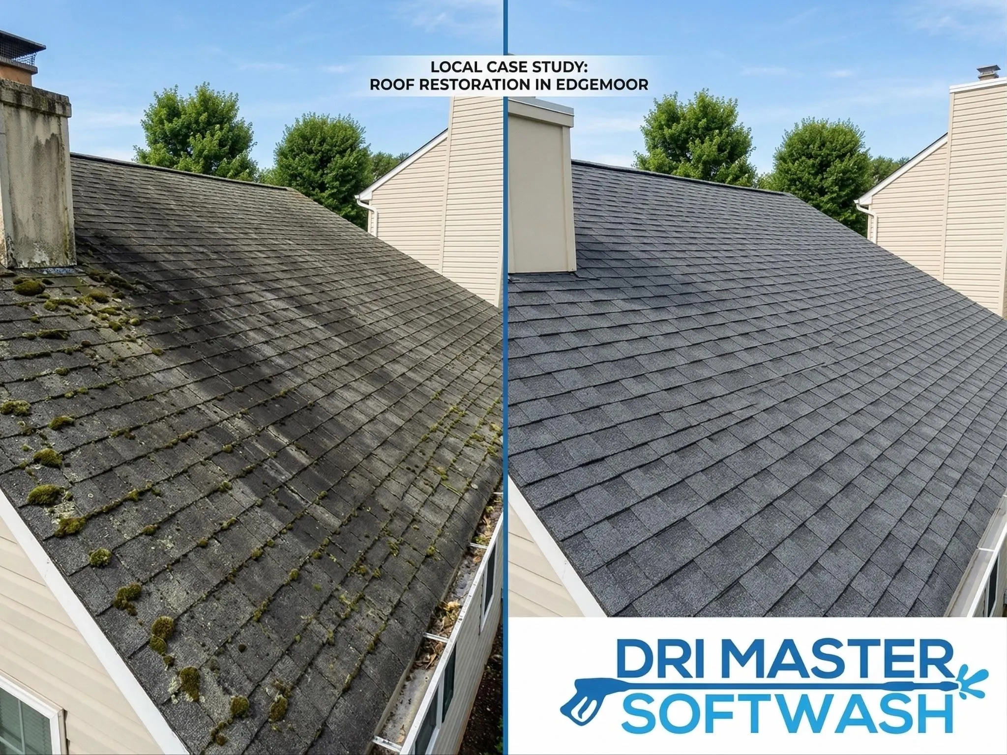 Side-by-side of a roof before and after cleaning; mossy and dirty on left, clean on right.