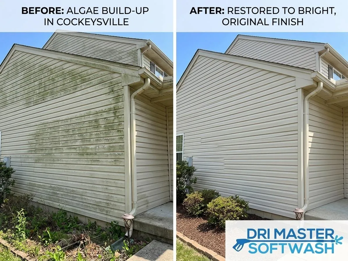 Side-by-side of a house’s siding before and after algae removal, showing dirty vs. clean surfaces.