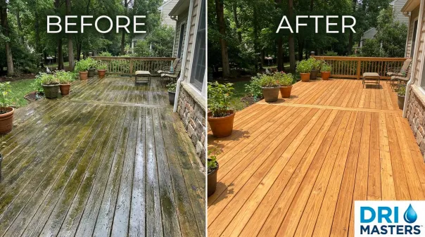 Side-by-side comparison of a dirty deck before cleaning and a clean, bright deck after cleaning.