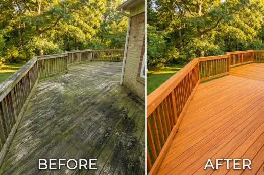 Side-by-side of a deck: left is weathered and dirty, right is clean, stained, and freshly restored.