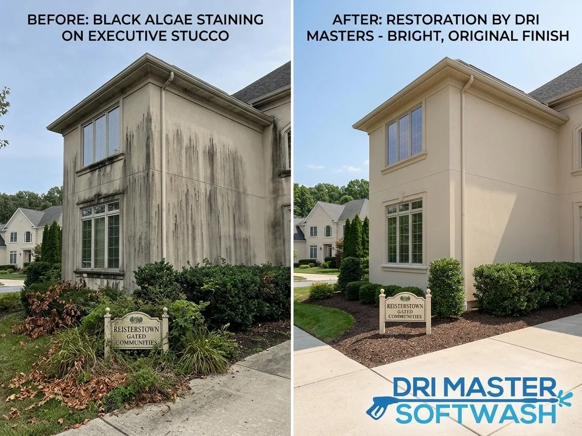 Side-by-side of a house: left shows black algae stains, right shows clean restored stucco with bright finish.