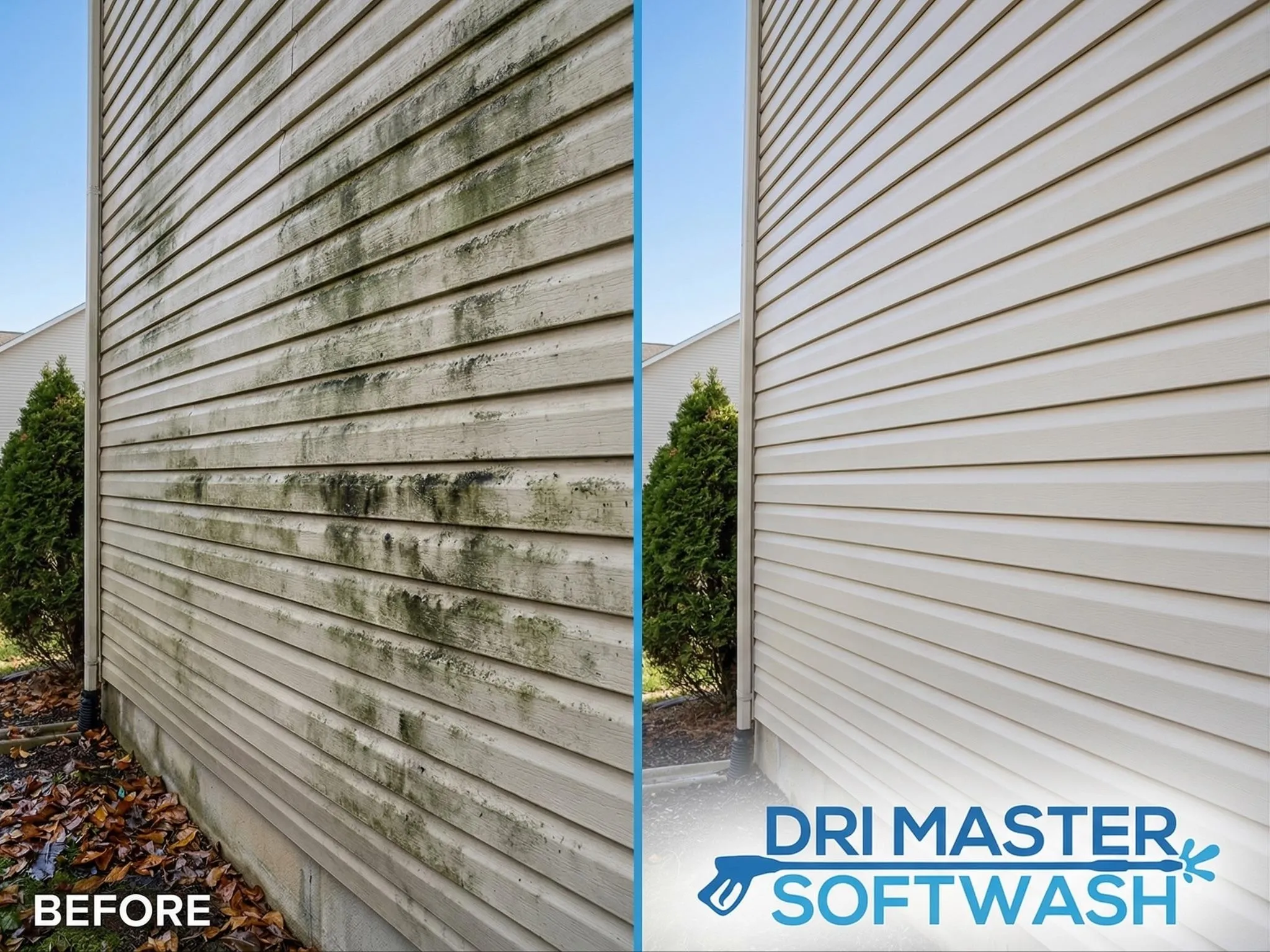 Side-by-side of a deck: left is weathered and dirty, right is clean, stained, and freshly restored.