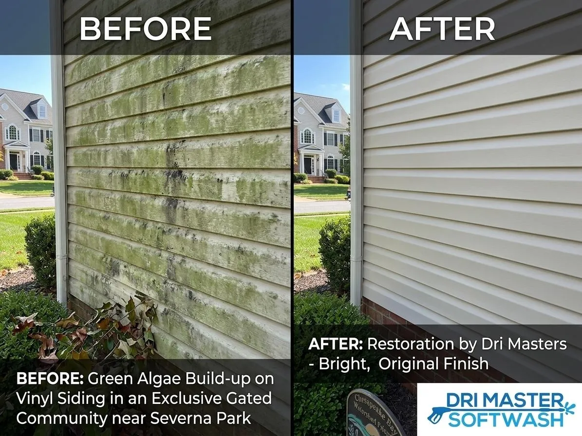 Side-by-side comparison of vinyl siding: left with green algae, right restored to clean, bright finish.