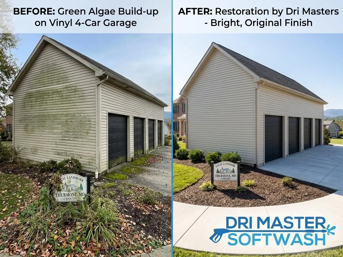 Split view: Left shows a dirty garage with algae; right shows the same garage cleaned and restored.