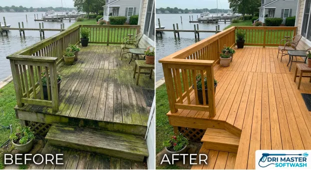 Side-by-side of a deck: left side weathered and dirty, right side clean, bright, and freshly washed.