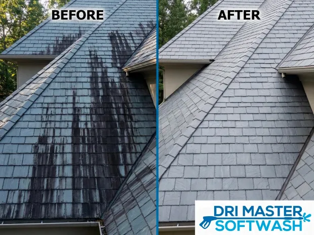 Split image of a roof: left side dirty with dark streaks, right side clean after washing. Logo: Dri Master Softwash.