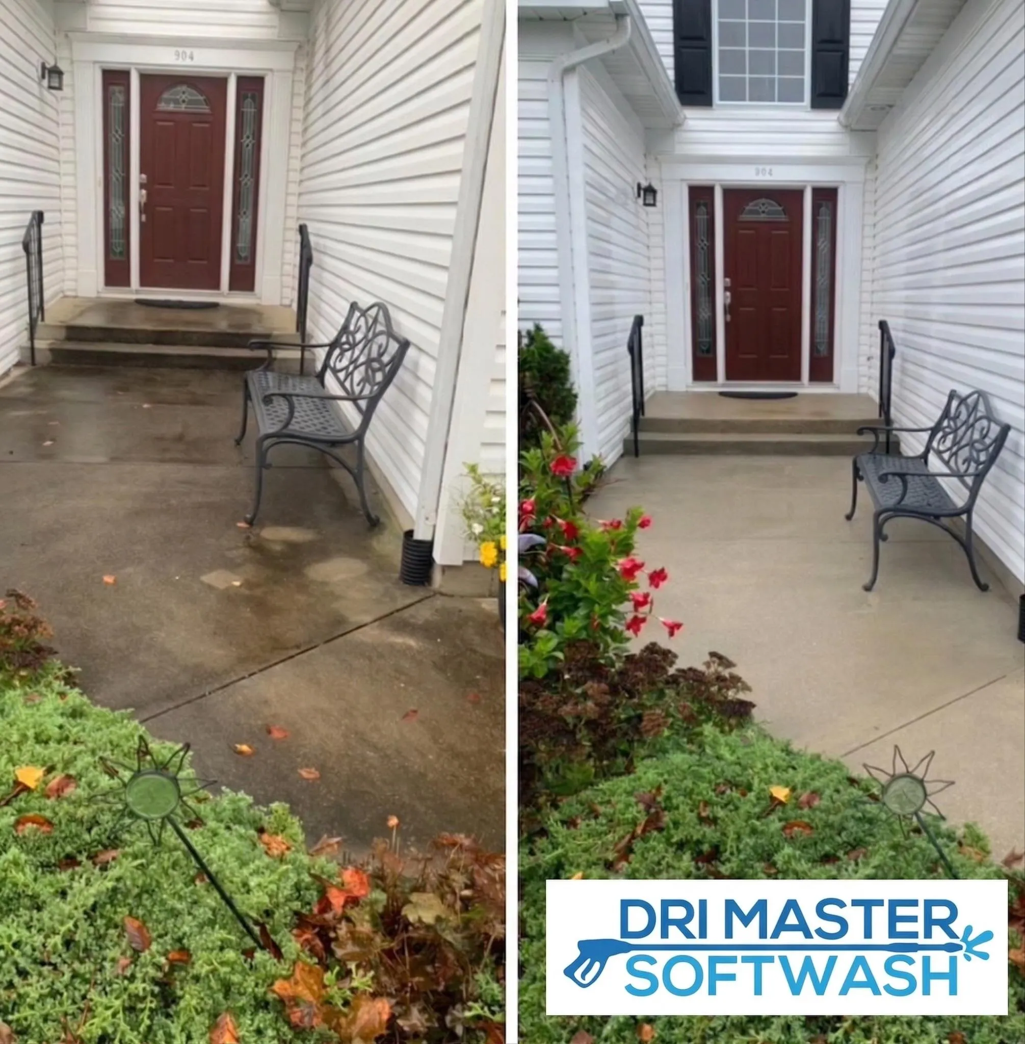 Side-by-side of a porch before and after cleaning; left is dirty, right is clean. Dri Master Softwash logo below.