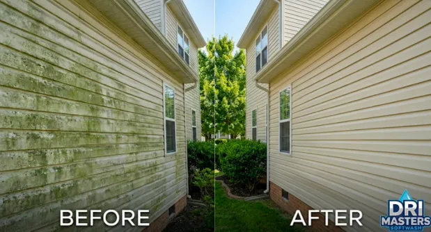 Side-by-side of house siding: left dirty and stained, right clean and spotless after washing.
